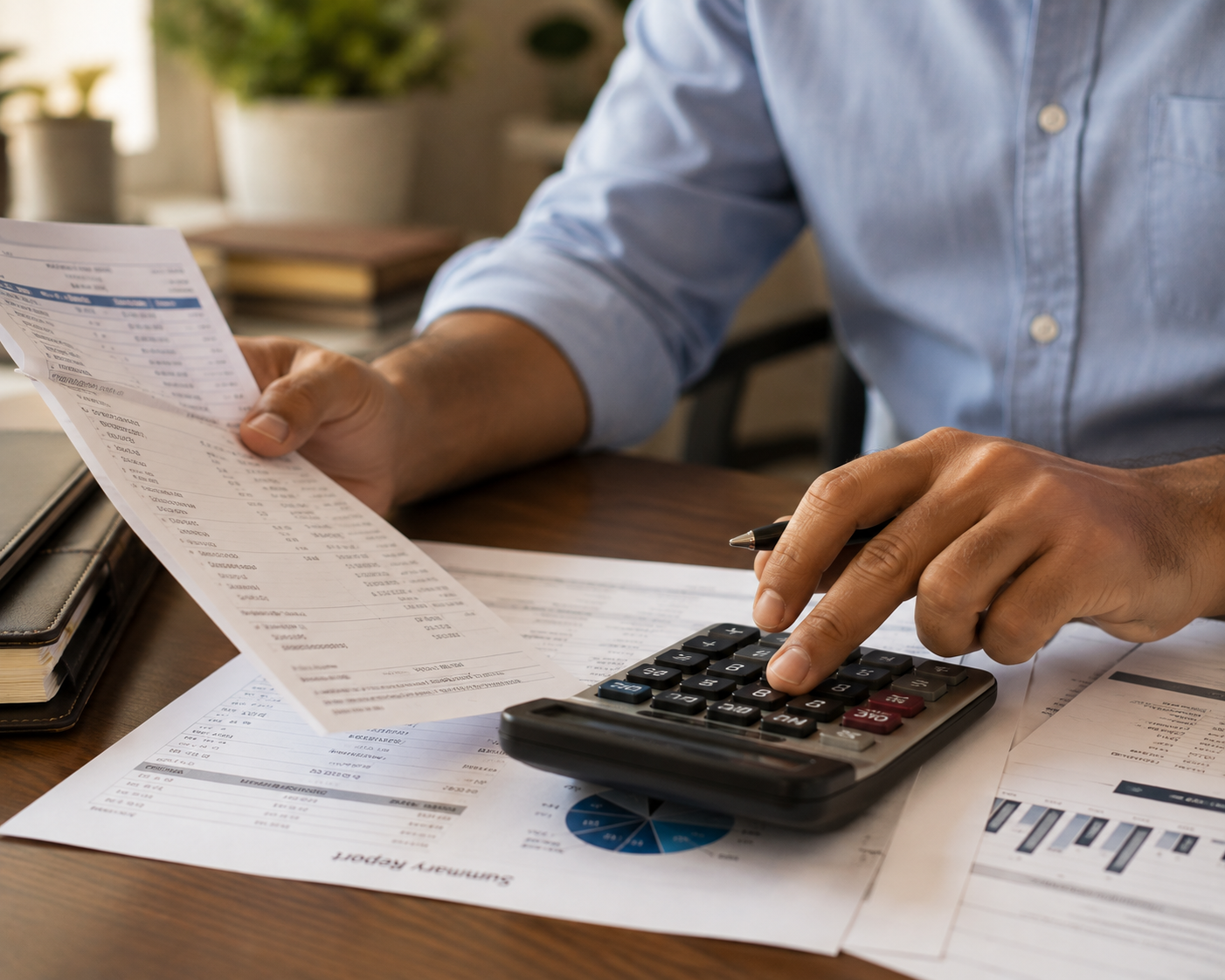 Hands reviewing financial statements and using a calculator, representing alimony and maintenance