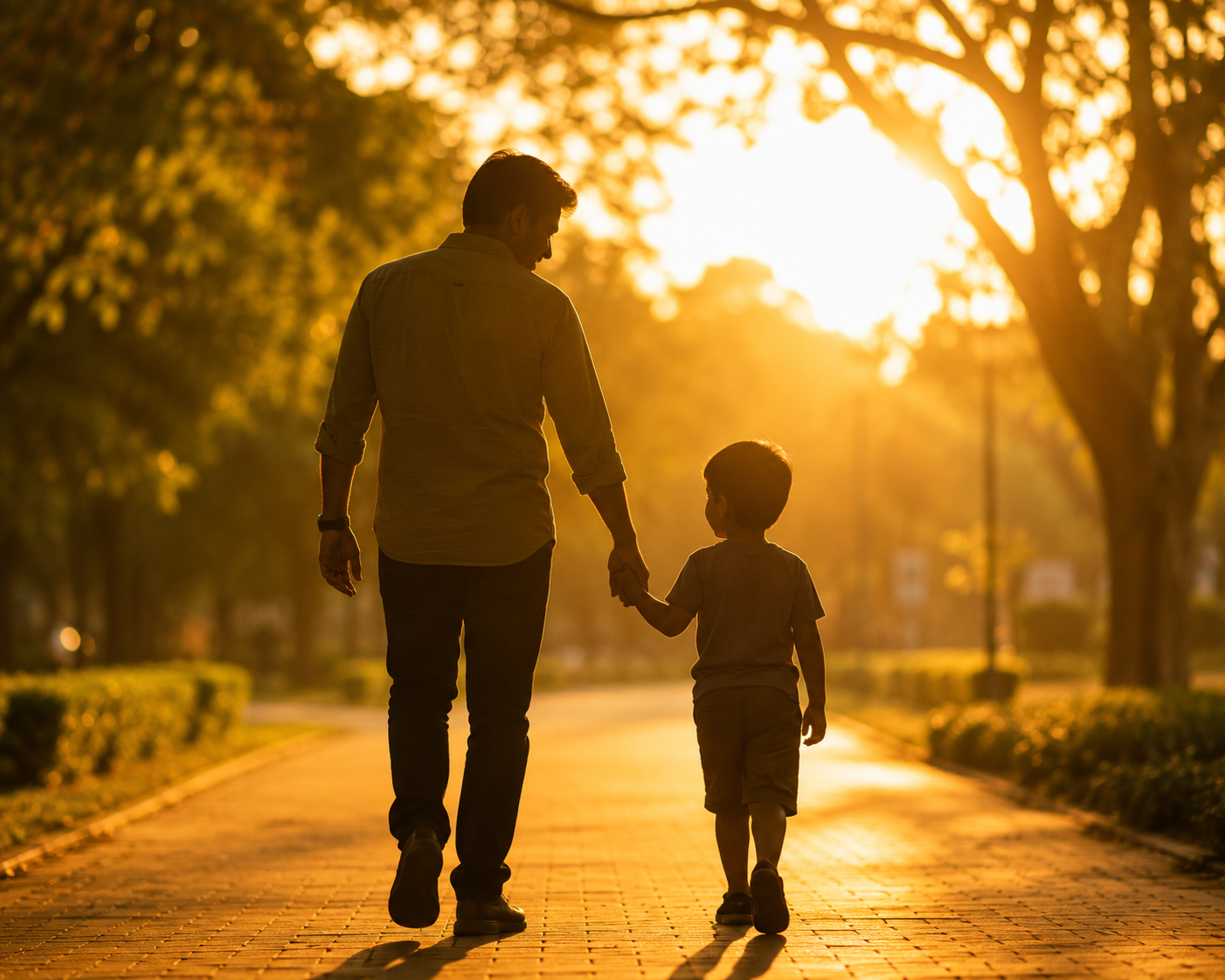 Silhouette of an Indian parent holding their child's hand in a sunlit park