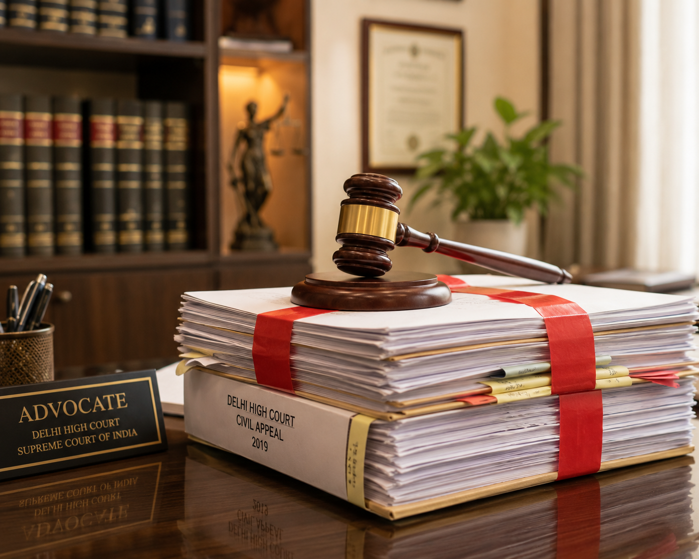 Indian legal documents tied with red tape and a wooden gavel in a law office