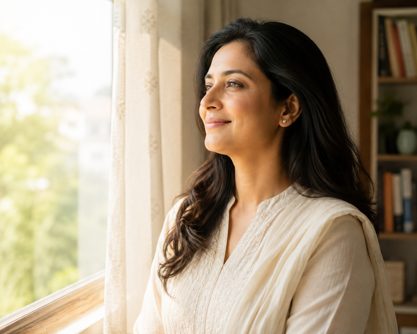 An Indian woman looking out of a bright window, feeling safe and relieved