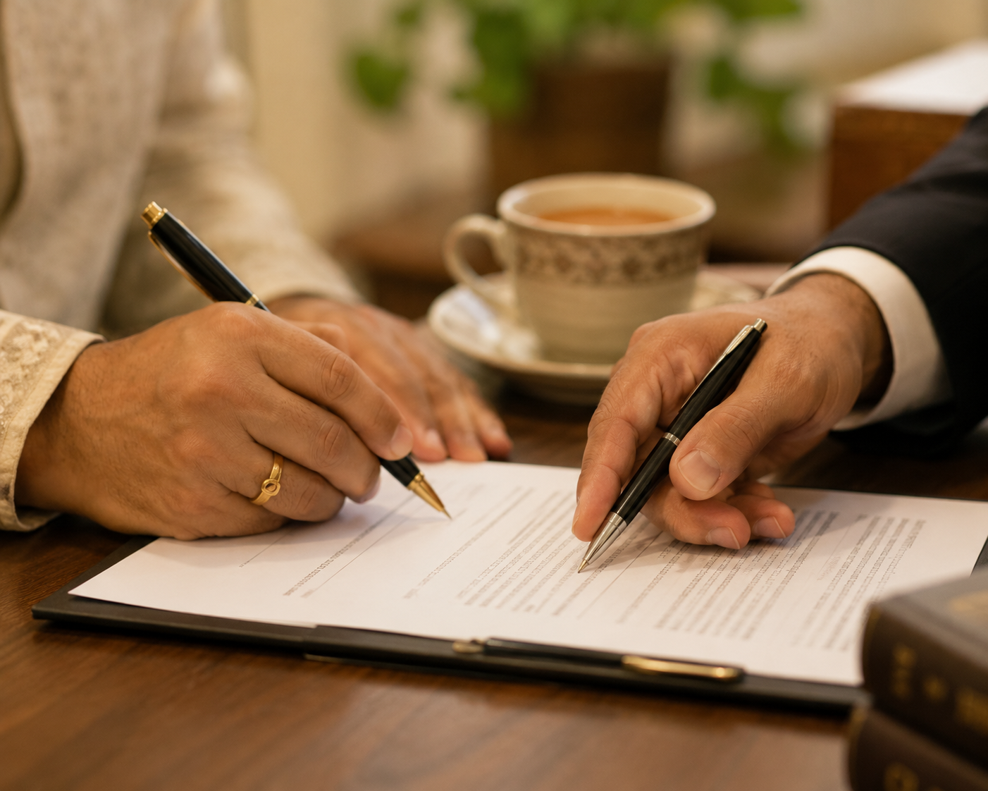 Two pairs of Indian hands signing a mutual consent divorce document