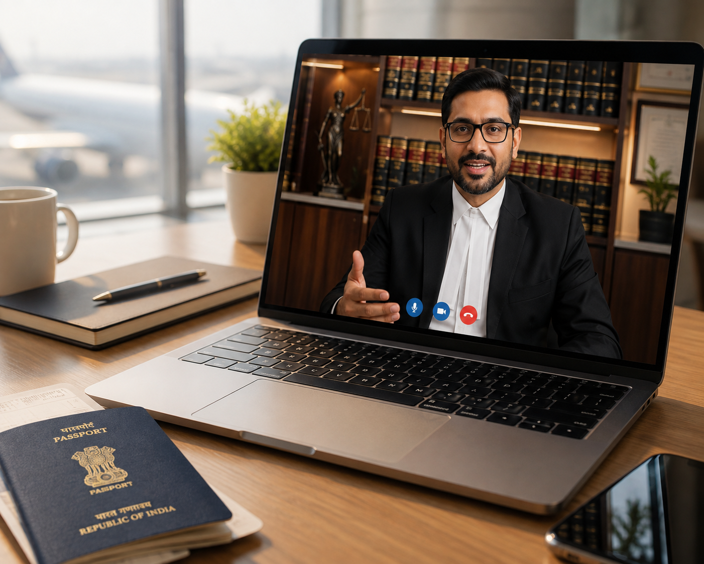 Laptop showing a video call with an Indian lawyer, representing NRI and cross-border divorce