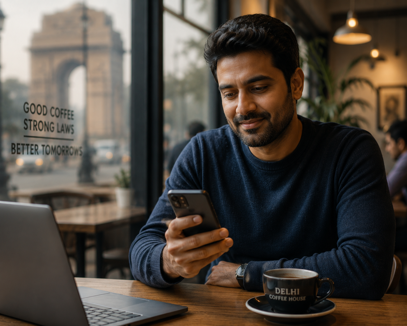 A thoughtful Indian man in his 30s looking at his phone with a reassured expression, sitting in a modern Delhi cafe