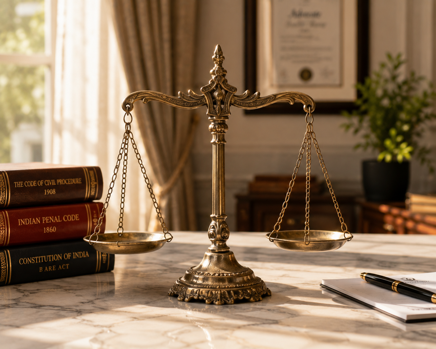 Traditional brass scales of justice on a marble table, symbolizing trust and fairness
