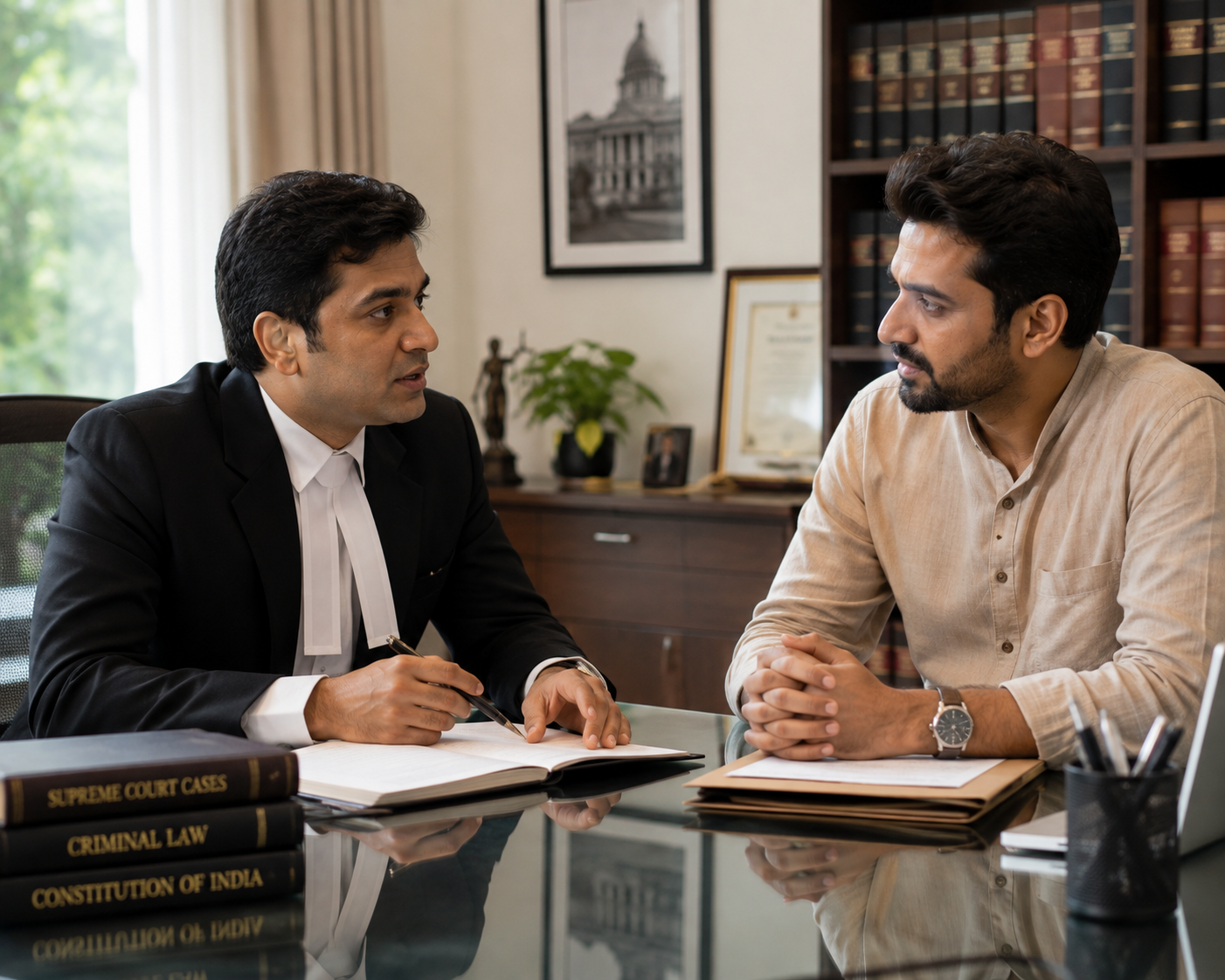 Indian advocate consulting a couple in a bright, modern New Delhi office